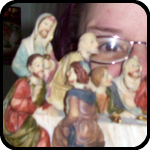 Juli playing peek a boo with the Last Supper Statue Juli playing peek a boo with the Last Supper Statue
